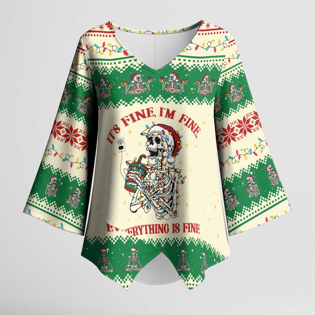 Funny Skeleton Christmas Kimono Sleeve Blouse It's Fine I'm Fine Everything Is Fine - Wonder Print Shop
