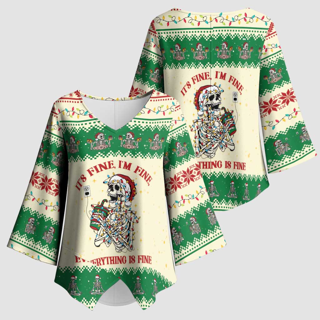 Funny Skeleton Christmas Kimono Sleeve Blouse It's Fine I'm Fine Everything Is Fine - Wonder Print Shop