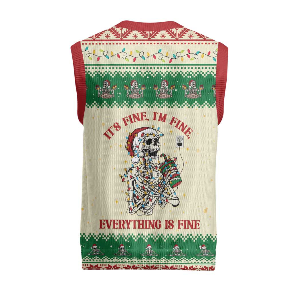 Funny Skeleton Christmas Knitted V-Neck Vest It's Fine I'm Fine Everything Is Fine - Wonder Print Shop