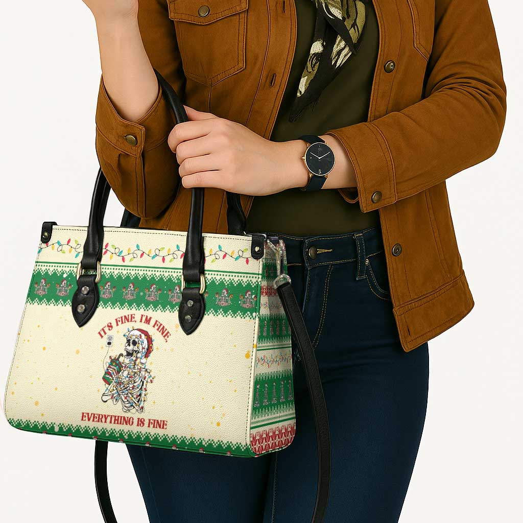 Funny Skeleton Christmas Leather Bag It's Fine I'm Fine Everything Is Fine - Wonder Print Shop