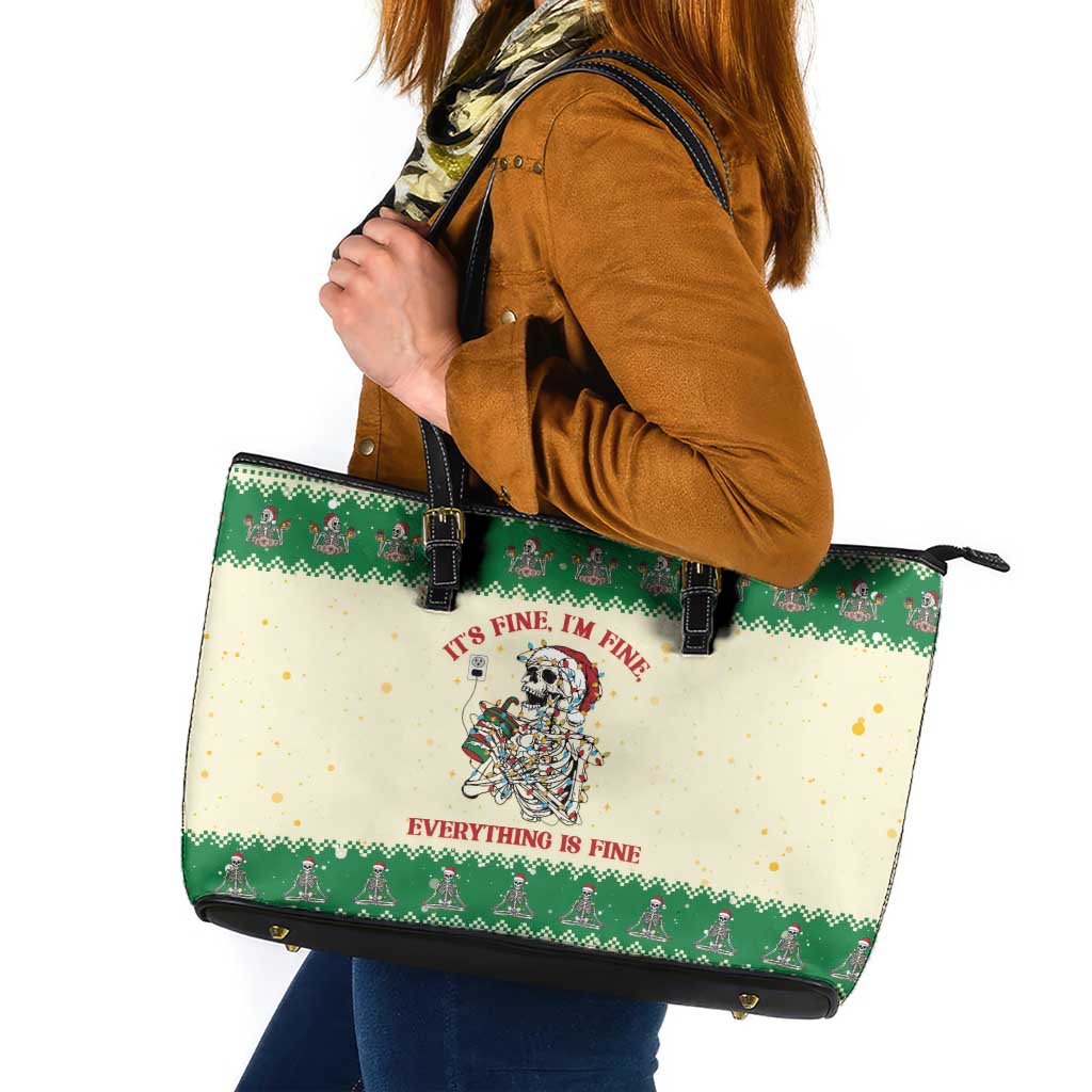 Funny Skeleton Christmas Leather Tote Bag It's Fine I'm Fine Everything Is Fine - Wonder Print Shop