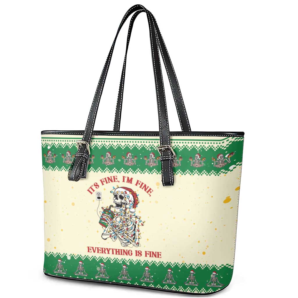Funny Skeleton Christmas Leather Tote Bag It's Fine I'm Fine Everything Is Fine - Wonder Print Shop