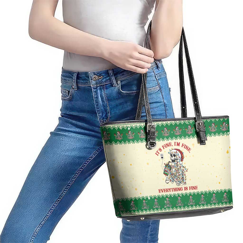 Funny Skeleton Christmas Leather Tote Bag It's Fine I'm Fine Everything Is Fine - Wonder Print Shop