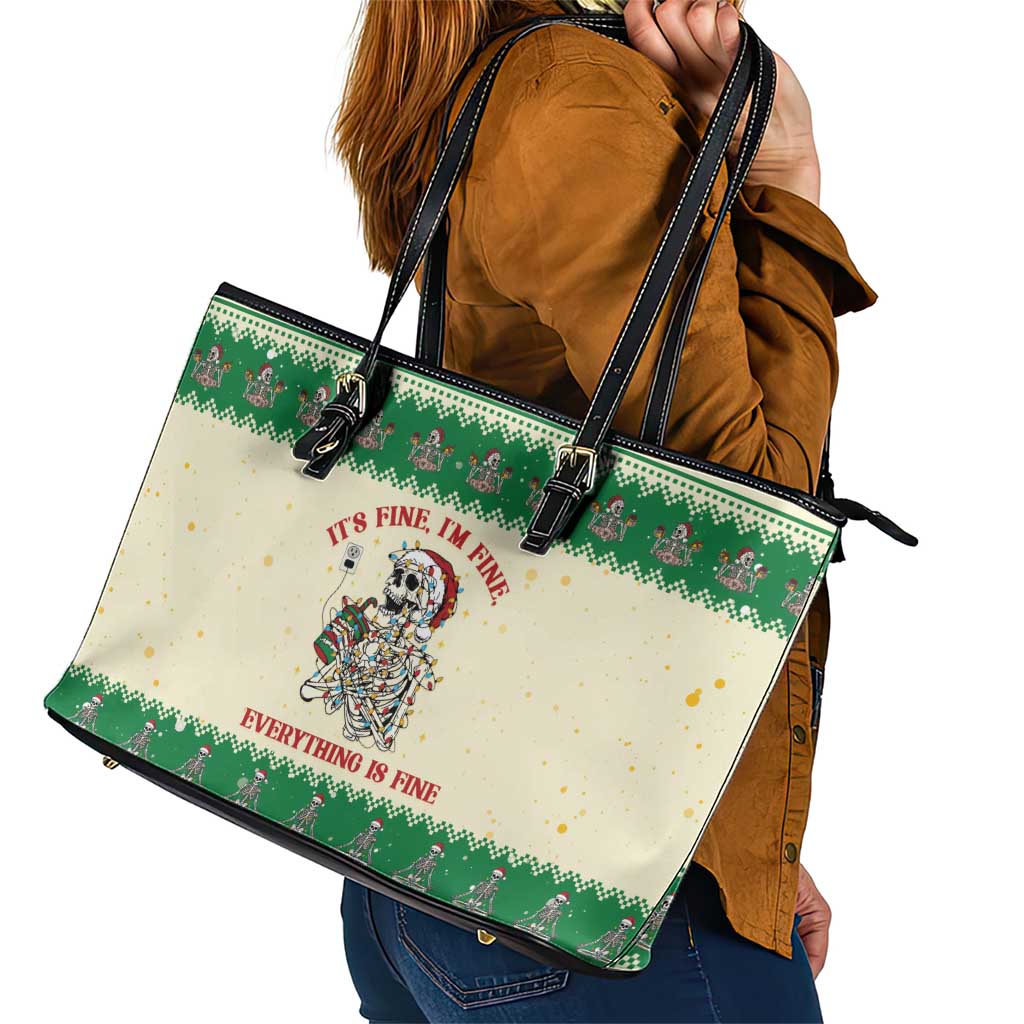 Funny Skeleton Christmas Leather Tote Bag It's Fine I'm Fine Everything Is Fine - Wonder Print Shop