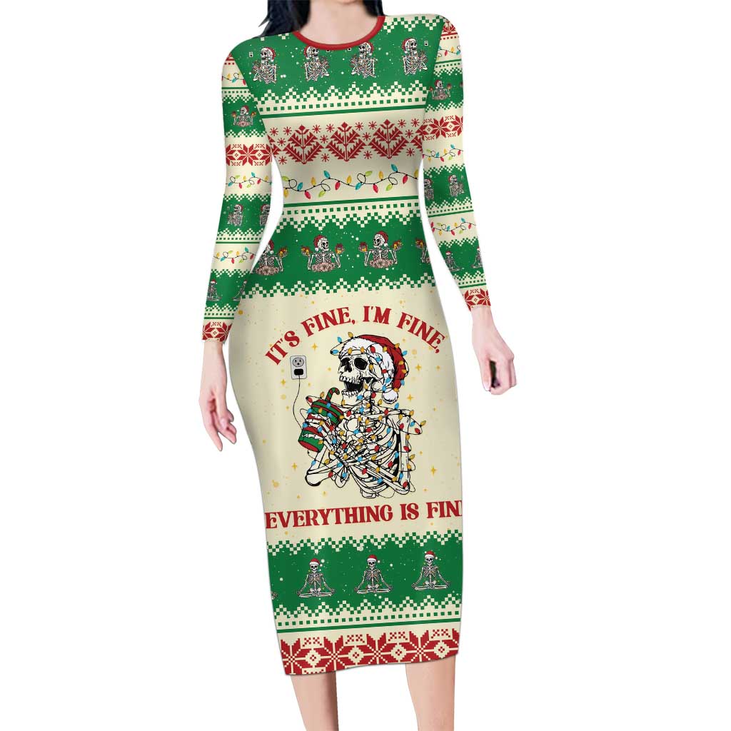 Funny Skeleton Christmas Long Sleeve Bodycon Dress It's Fine I'm Fine Everything Is Fine - Wonder Print Shop