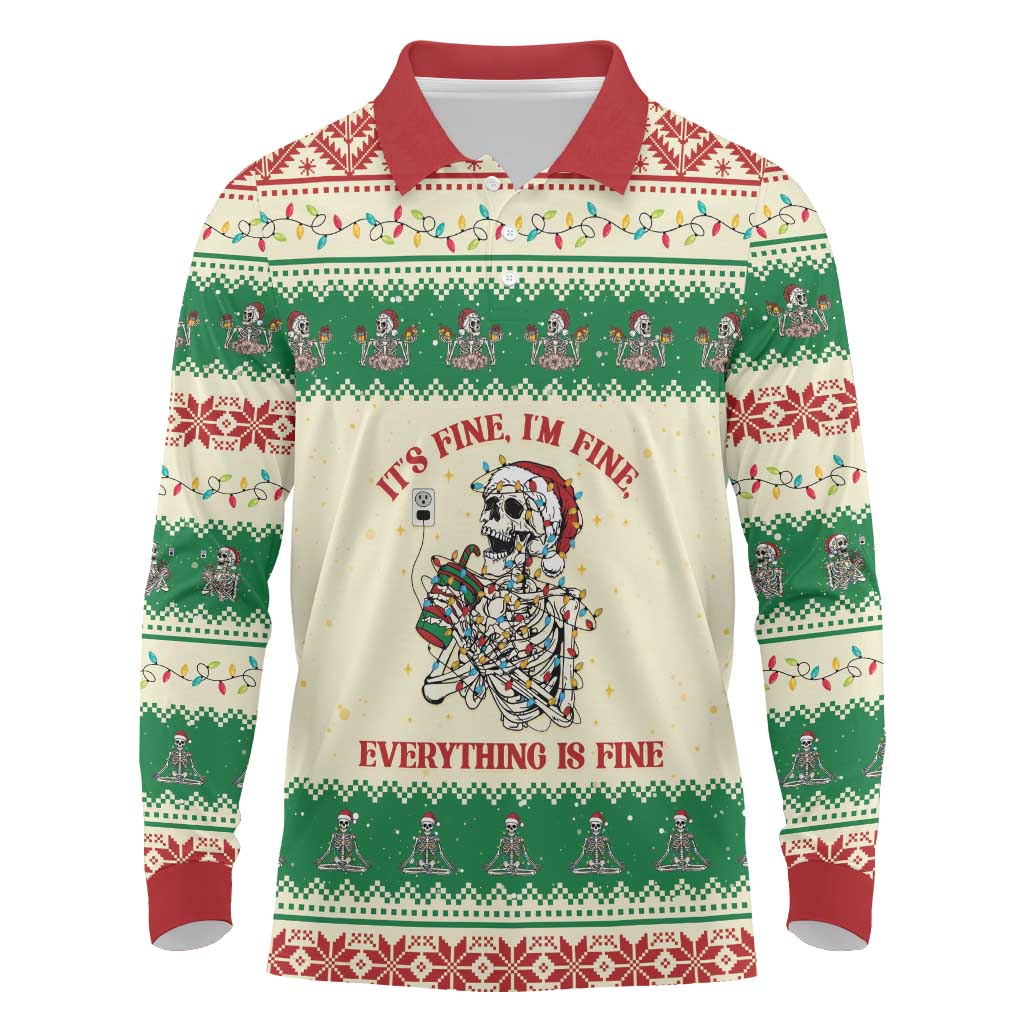 Funny Skeleton Christmas Long Sleeve Polo Shirt It's Fine I'm Fine Everything Is Fine - Wonder Print Shop