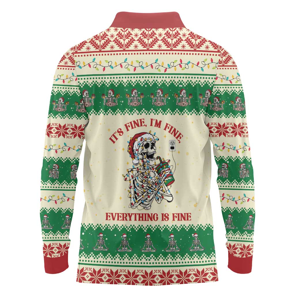 Funny Skeleton Christmas Long Sleeve Polo Shirt It's Fine I'm Fine Everything Is Fine - Wonder Print Shop