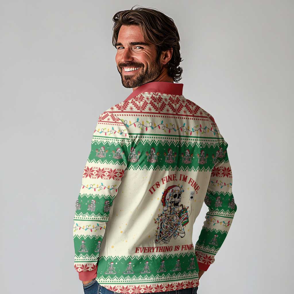 Funny Skeleton Christmas Long Sleeve Polo Shirt It's Fine I'm Fine Everything Is Fine - Wonder Print Shop
