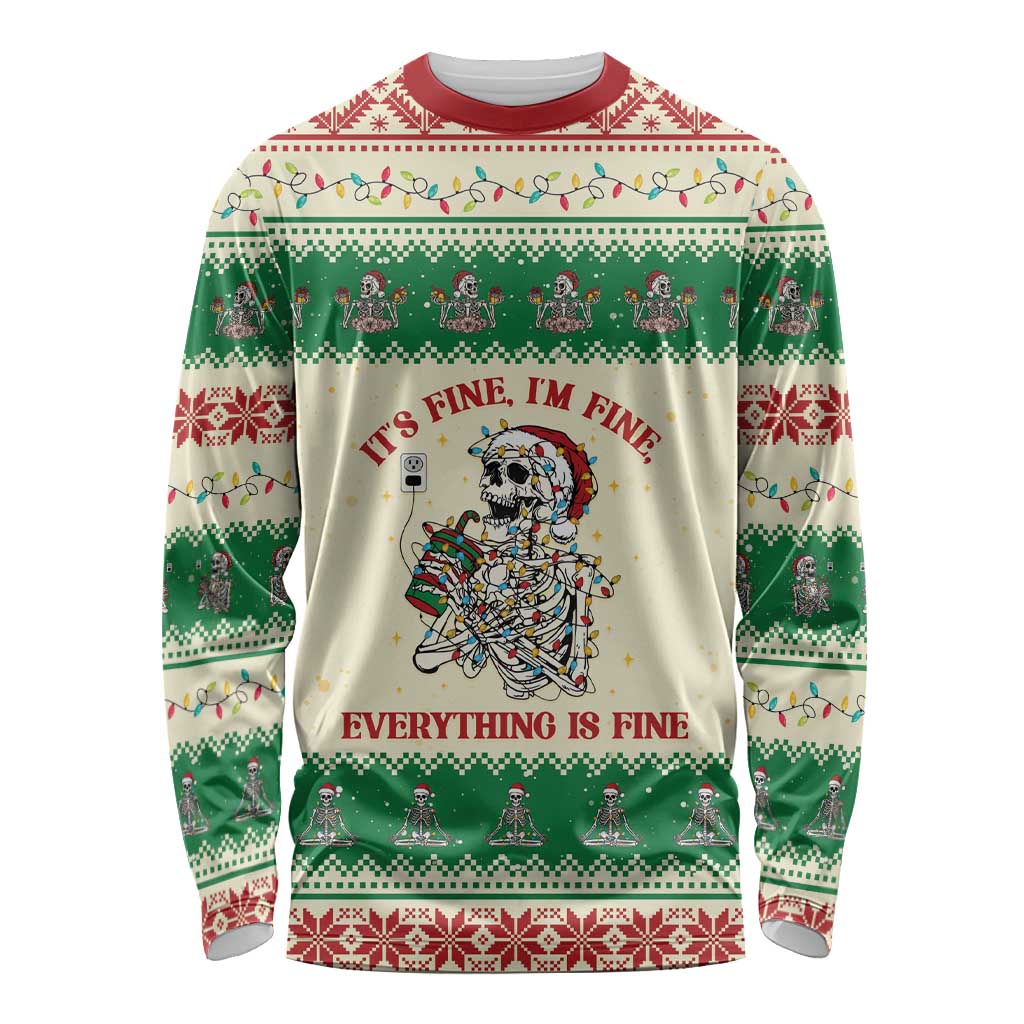Funny Skeleton Christmas Long Sleeve Shirt It's Fine I'm Fine Everything Is Fine - Wonder Print Shop