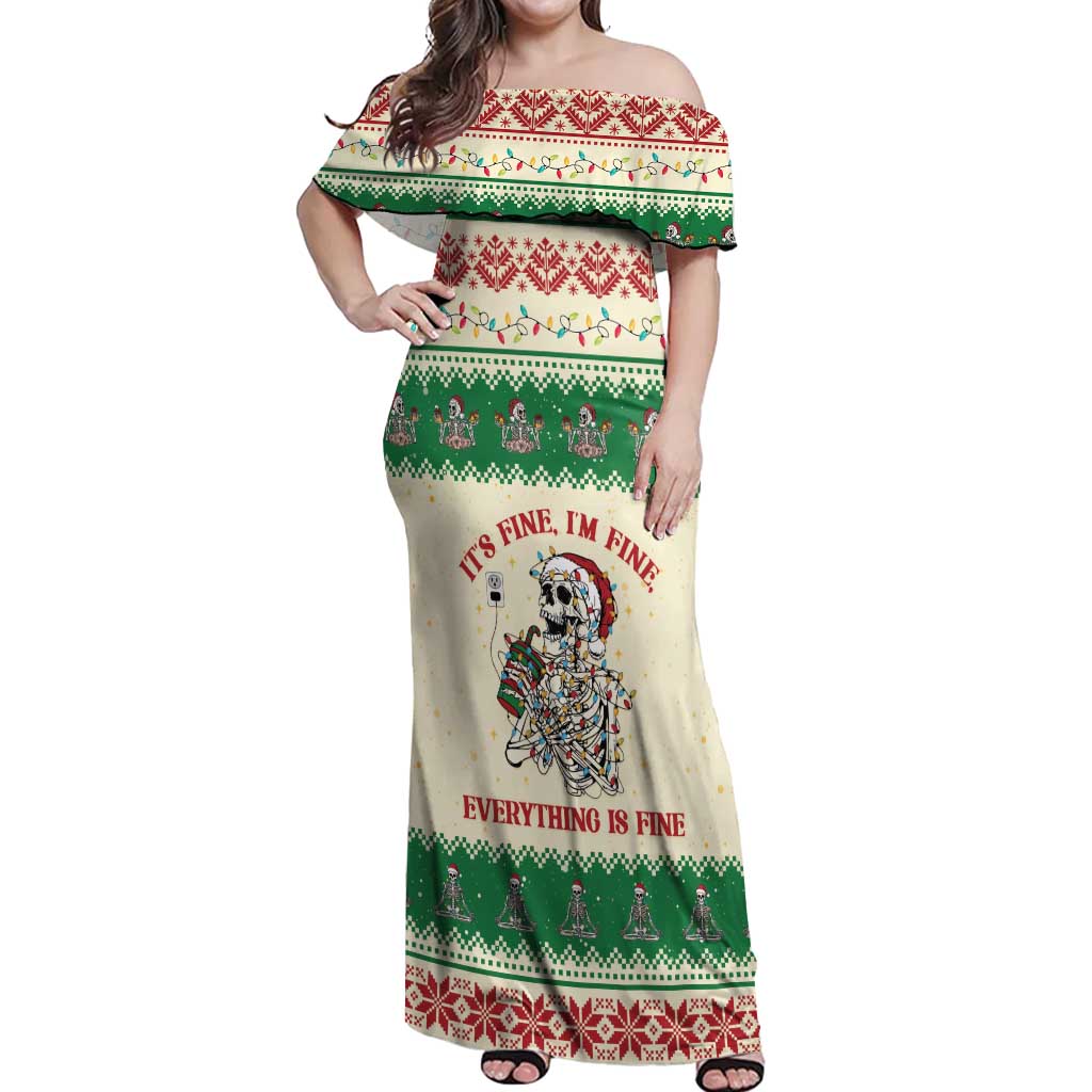 Funny Skeleton Christmas Off Shoulder Maxi Dress It's Fine I'm Fine Everything Is Fine - Wonder Print Shop