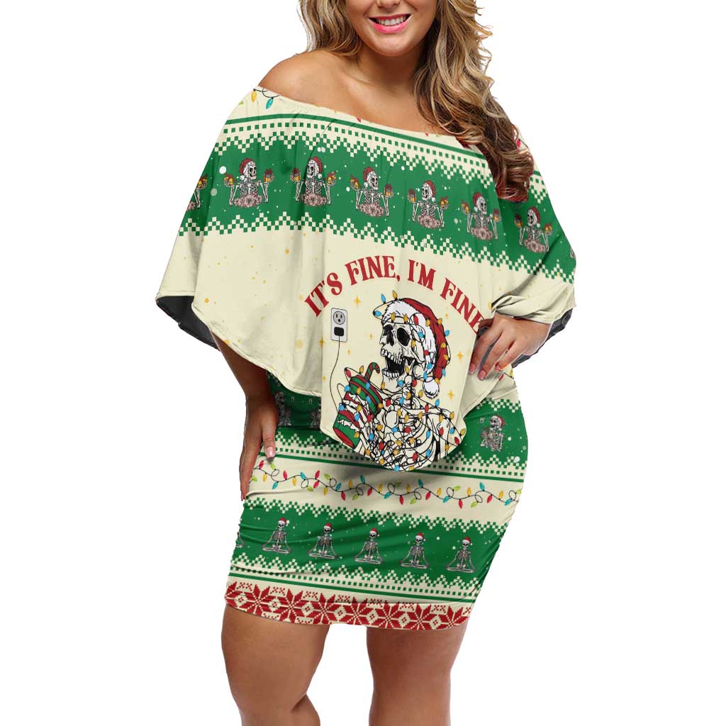 Funny Skeleton Christmas Off Shoulder Short Dress It's Fine I'm Fine Everything Is Fine - Wonder Print Shop