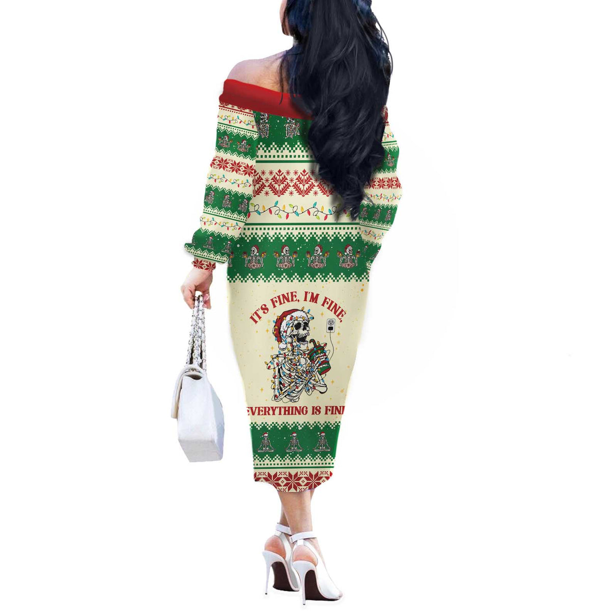 Funny Skeleton Christmas Off The Shoulder Long Sleeve Dress It's Fine I'm Fine Everything Is Fine - Wonder Print Shop