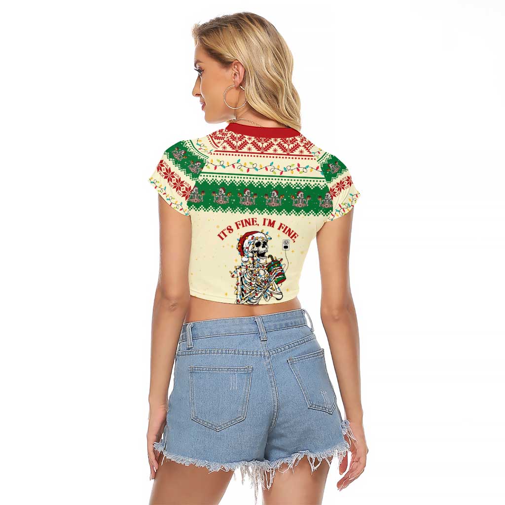 Funny Skeleton Christmas Raglan Cropped T Shirt It's Fine I'm Fine Everything Is Fine - Wonder Print Shop