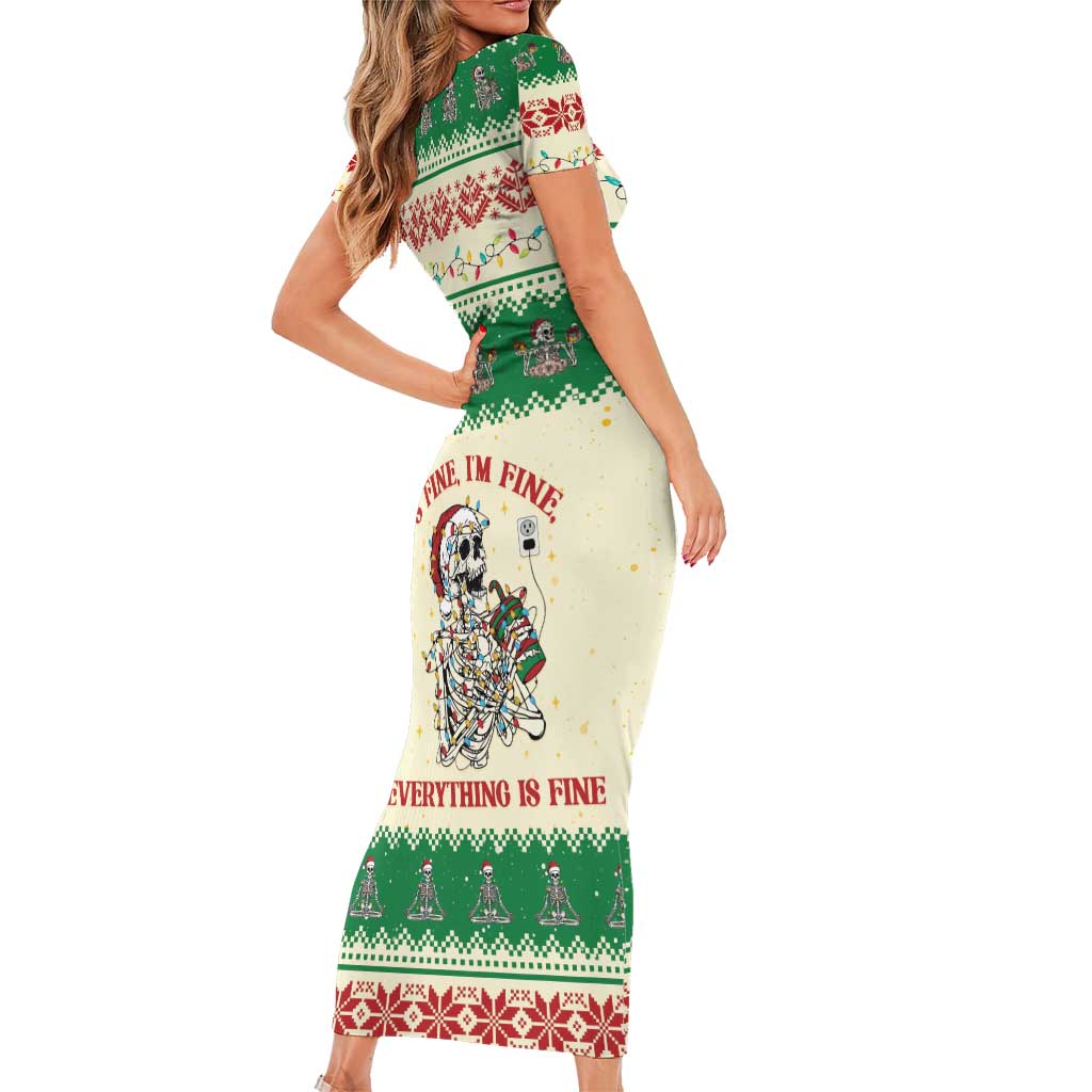 Funny Skeleton Christmas Short Sleeve Bodycon Dress It's Fine I'm Fine Everything Is Fine - Wonder Print Shop