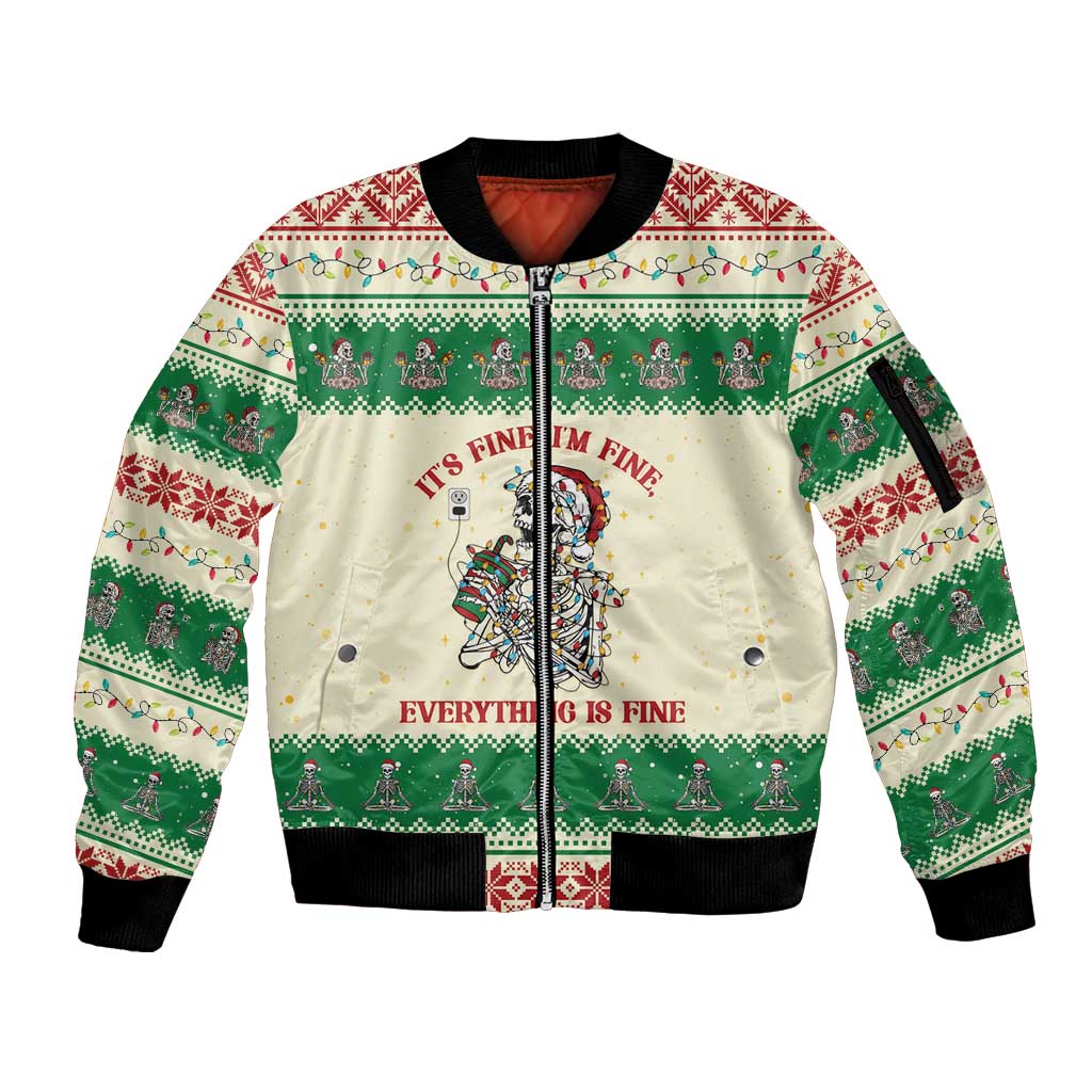 Funny Skeleton Christmas Sleeve Zip Bomber Jacket It's Fine I'm Fine Everything Is Fine - Wonder Print Shop