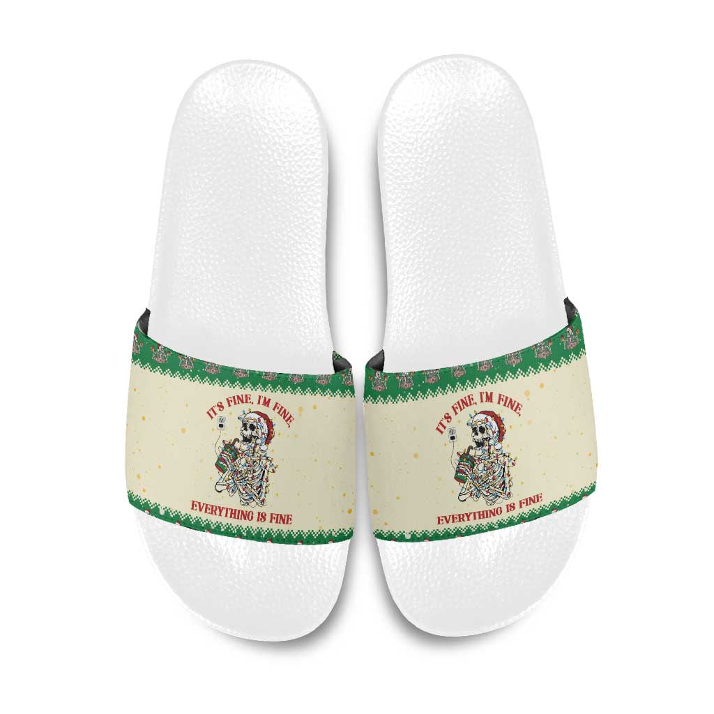 Funny Skeleton Christmas Slide Sandals It's Fine I'm Fine Everything Is Fine - Wonder Print Shop
