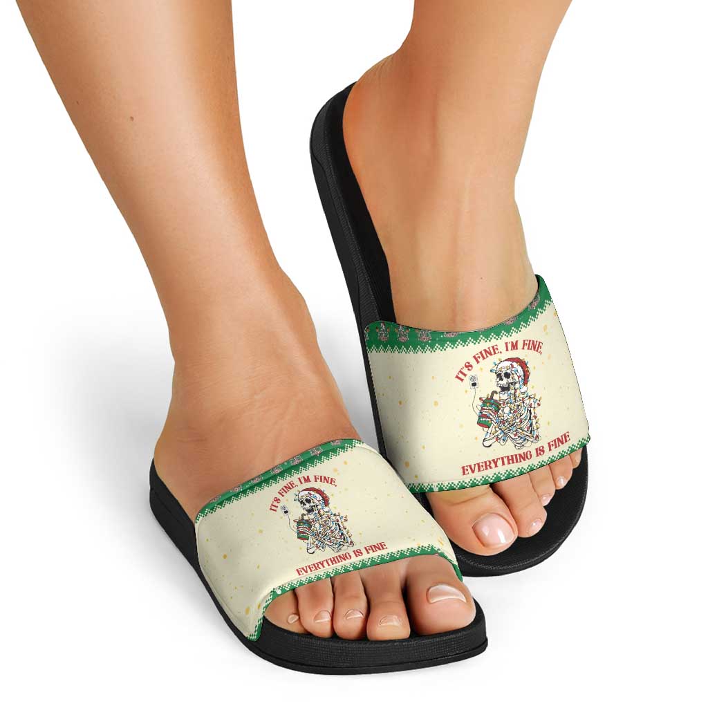 Funny Skeleton Christmas Slide Sandals It's Fine I'm Fine Everything Is Fine - Wonder Print Shop