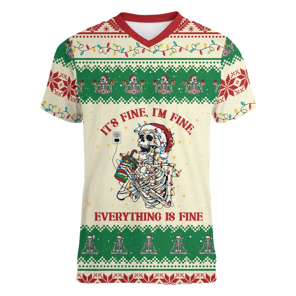 Funny Skeleton Christmas Women V-Neck T-Shirt It's Fine I'm Fine Everything Is Fine - Wonder Print Shop
