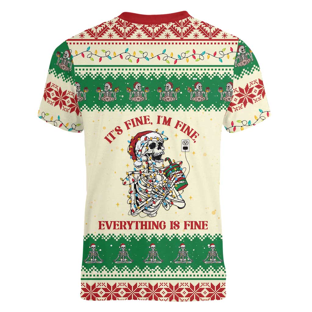Funny Skeleton Christmas Women V-Neck T-Shirt It's Fine I'm Fine Everything Is Fine - Wonder Print Shop