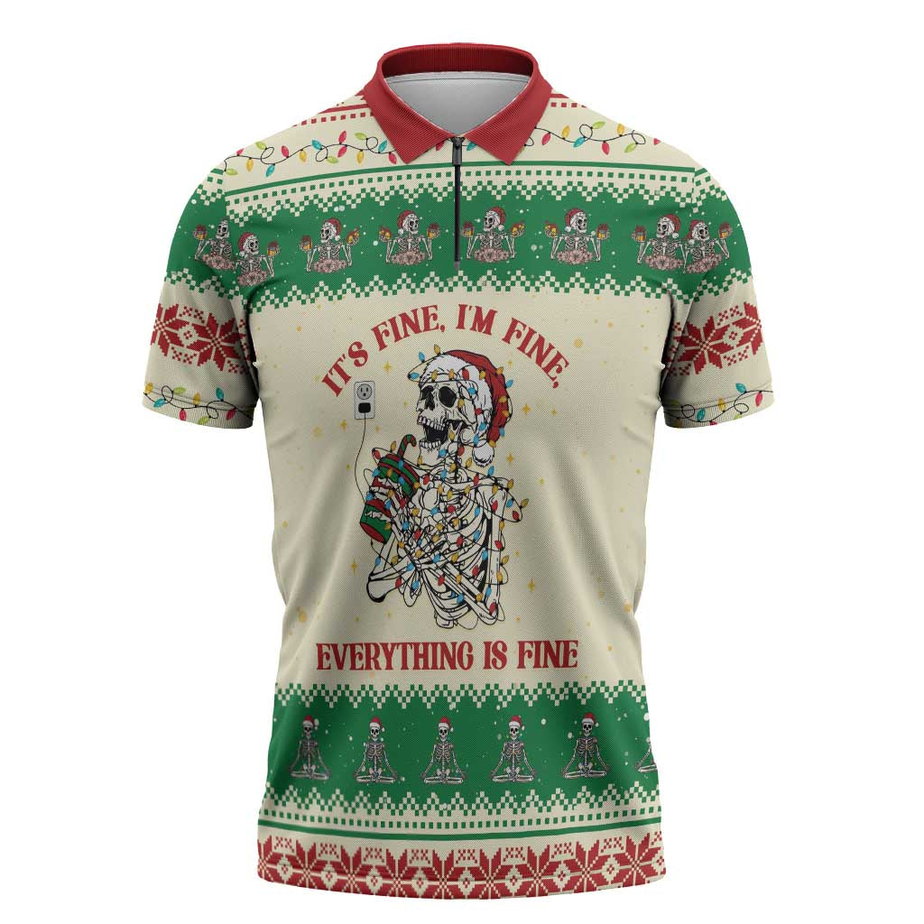 Funny Skeleton Christmas Zipper Polo Shirt It's Fine I'm Fine Everything Is Fine - Wonder Print Shop