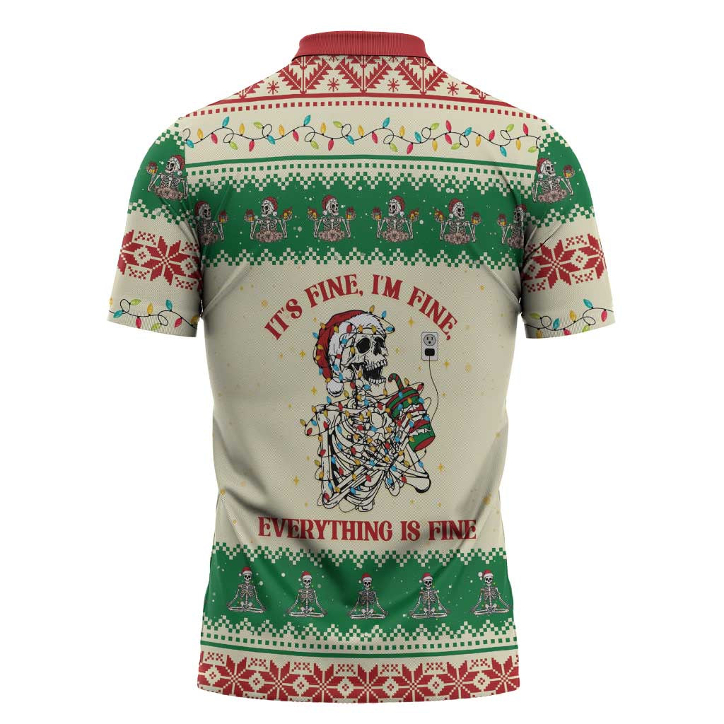 Funny Skeleton Christmas Zipper Polo Shirt It's Fine I'm Fine Everything Is Fine - Wonder Print Shop