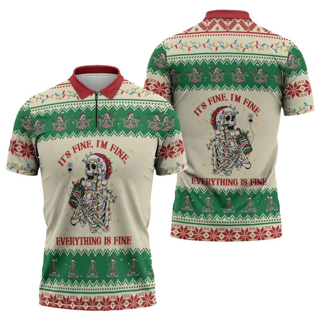 Funny Skeleton Christmas Zipper Polo Shirt It's Fine I'm Fine Everything Is Fine - Wonder Print Shop