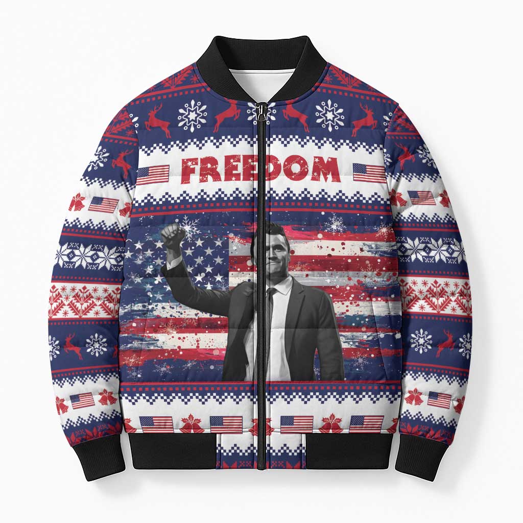 Freedom Charlie Kirk Tribute Christmas Bomber Puffer Jacket American Flag - Wonder Print Shop