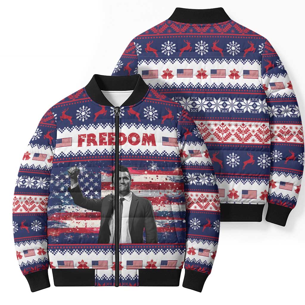 Freedom Charlie Kirk Tribute Christmas Bomber Puffer Jacket American Flag - Wonder Print Shop