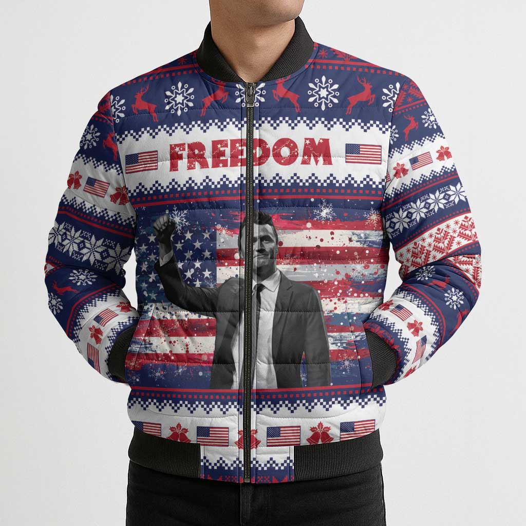 Freedom Charlie Kirk Tribute Christmas Bomber Puffer Jacket American Flag - Wonder Print Shop