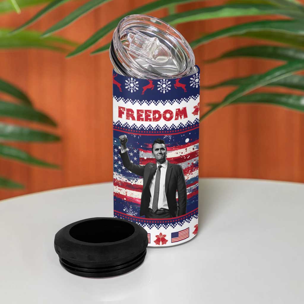 Freedom Charlie Kirk Tribute Christmas 4 in 1 Can Cooler Tumbler American Flag - Wonder Print Shop