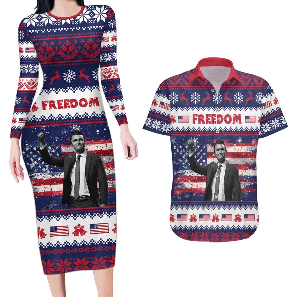 Freedom Charlie Kirk Tribute Christmas Couples Matching Long Sleeve Bodycon Dress and Hawaiian Shirt American Flag - Wonder Print Shop
