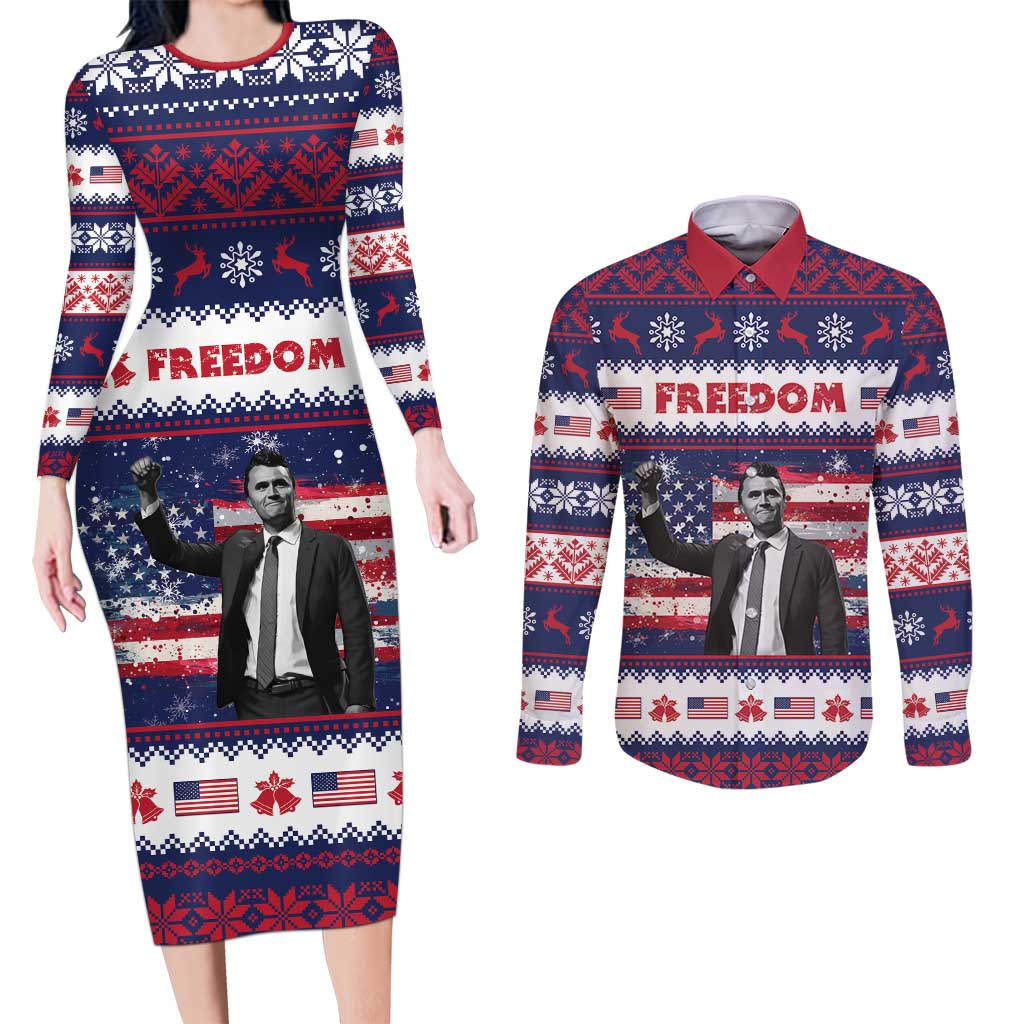 Freedom Charlie Kirk Tribute Christmas Couples Matching Long Sleeve Bodycon Dress and Long Sleeve Button Shirt American Flag - Wonder Print Shop