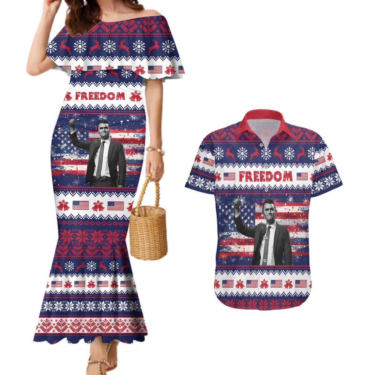 Freedom Charlie Kirk Tribute Christmas Couples Matching Mermaid Dress and Hawaiian Shirt American Flag - Wonder Print Shop
