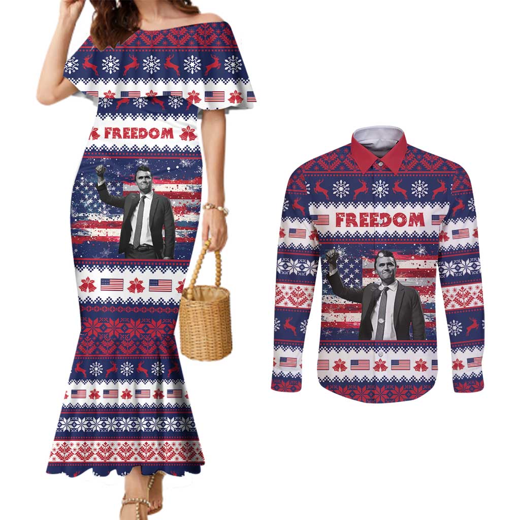 Freedom Charlie Kirk Tribute Christmas Couples Matching Mermaid Dress and Long Sleeve Button Shirt American Flag - Wonder Print Shop