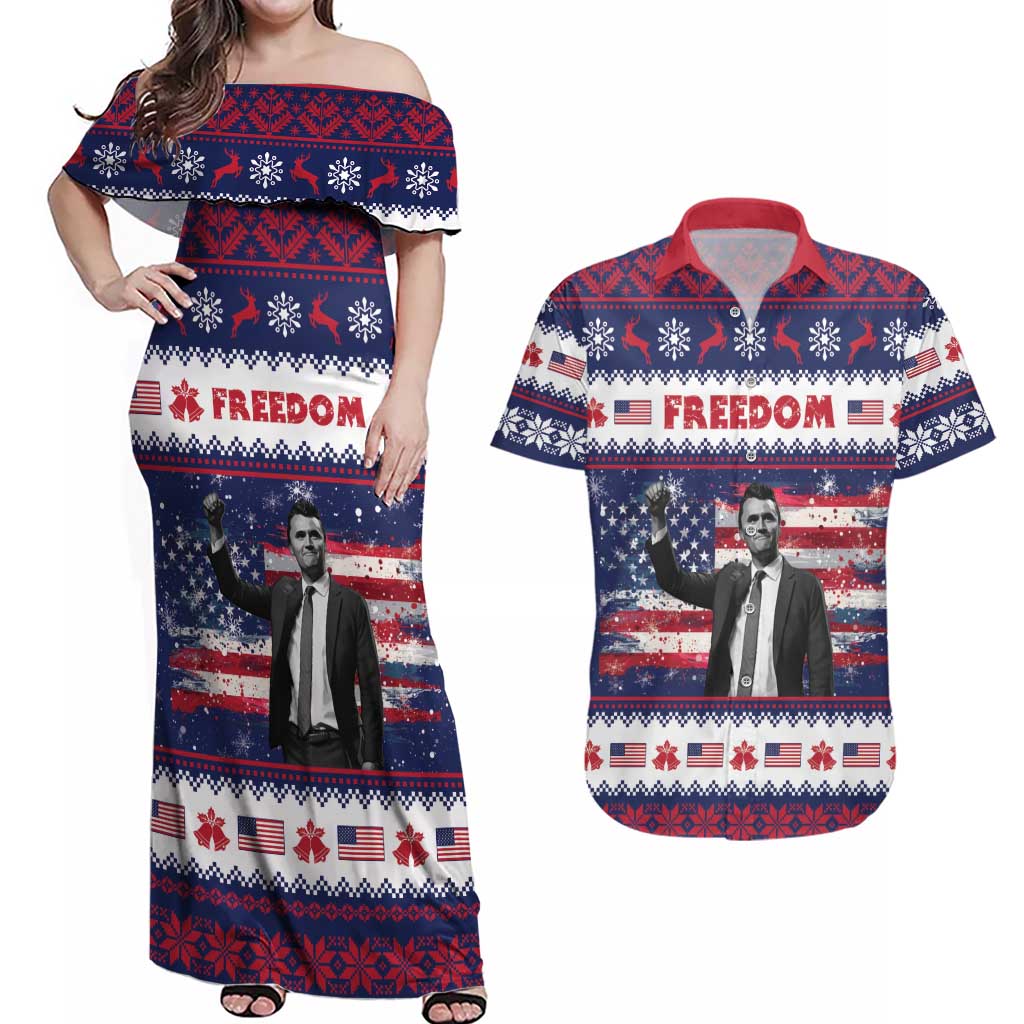 Freedom Charlie Kirk Tribute Christmas Couples Matching Off Shoulder Maxi Dress and Hawaiian Shirt American Flag - Wonder Print Shop