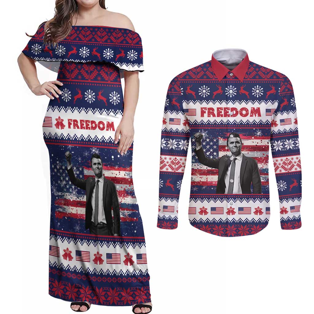 Freedom Charlie Kirk Tribute Christmas Couples Matching Off Shoulder Maxi Dress and Long Sleeve Button Shirt American Flag - Wonder Print Shop