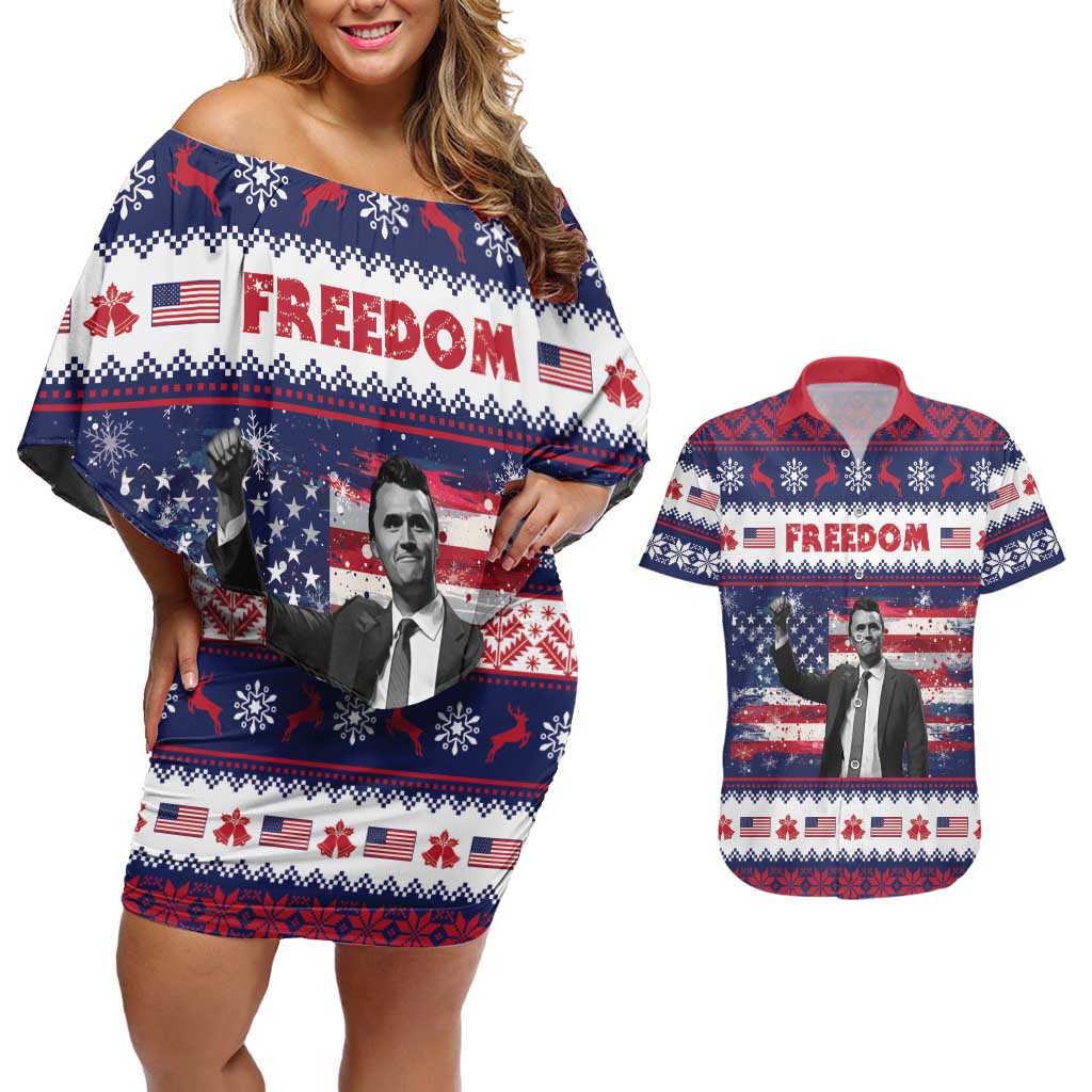 Freedom Charlie Kirk Tribute Christmas Couples Matching Off Shoulder Short Dress and Hawaiian Shirt American Flag - Wonder Print Shop