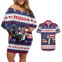 Freedom Charlie Kirk Tribute Christmas Couples Matching Off Shoulder Short Dress and Hawaiian Shirt American Flag - Wonder Print Shop