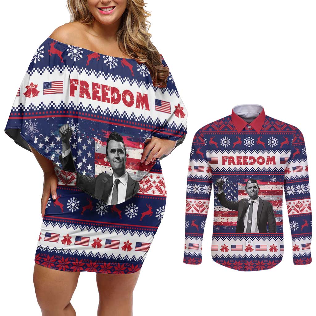 Freedom Charlie Kirk Tribute Christmas Couples Matching Off Shoulder Short Dress and Long Sleeve Button Shirt American Flag - Wonder Print Shop