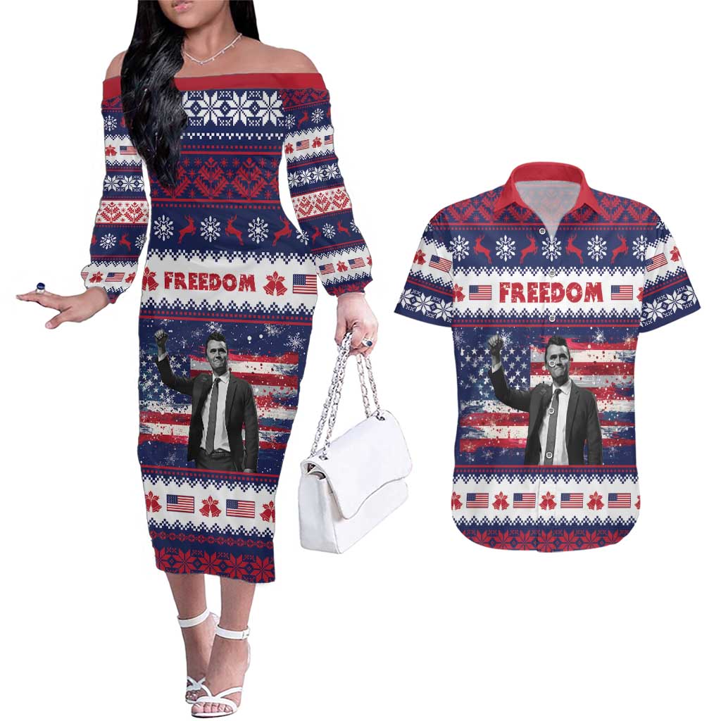 Freedom Charlie Kirk Tribute Christmas Couples Matching Off The Shoulder Long Sleeve Dress and Hawaiian Shirt American Flag - Wonder Print Shop