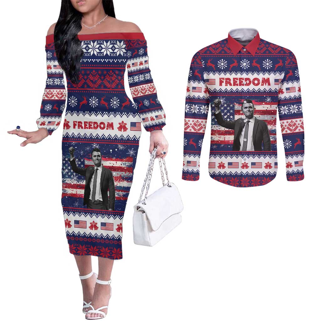 Freedom Charlie Kirk Tribute Christmas Couples Matching Off The Shoulder Long Sleeve Dress and Long Sleeve Button Shirt American Flag - Wonder Print Shop