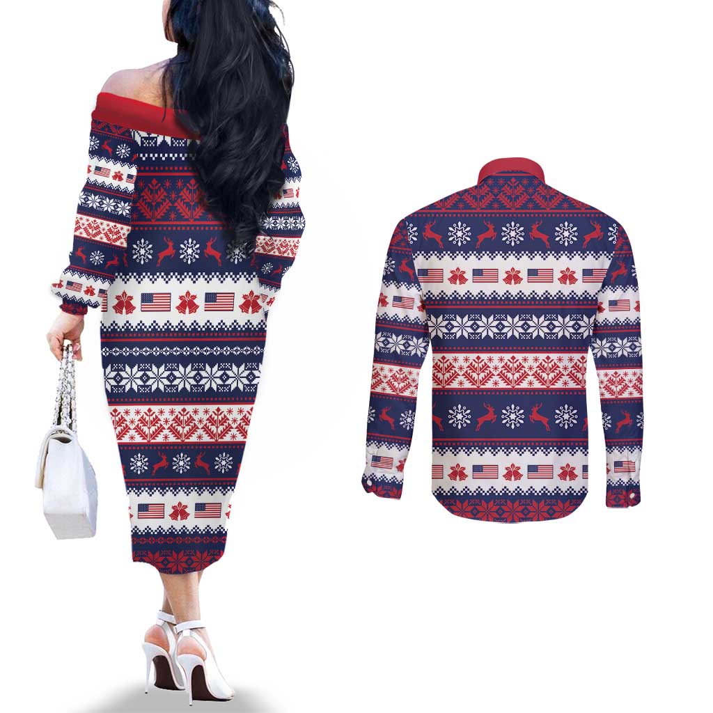 Freedom Charlie Kirk Tribute Christmas Couples Matching Off The Shoulder Long Sleeve Dress and Long Sleeve Button Shirt American Flag - Wonder Print Shop