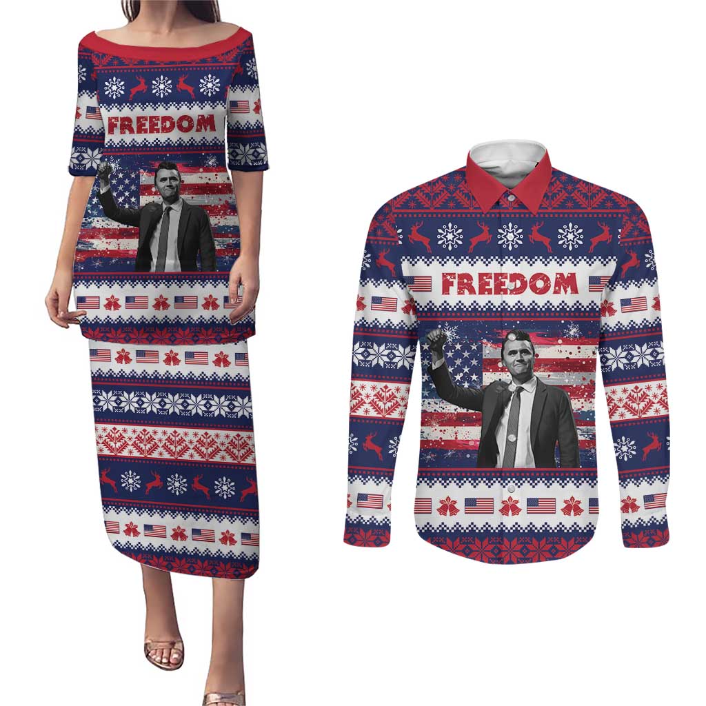 Freedom Charlie Kirk Tribute Christmas Couples Matching Puletasi and Long Sleeve Button Shirt American Flag - Wonder Print Shop