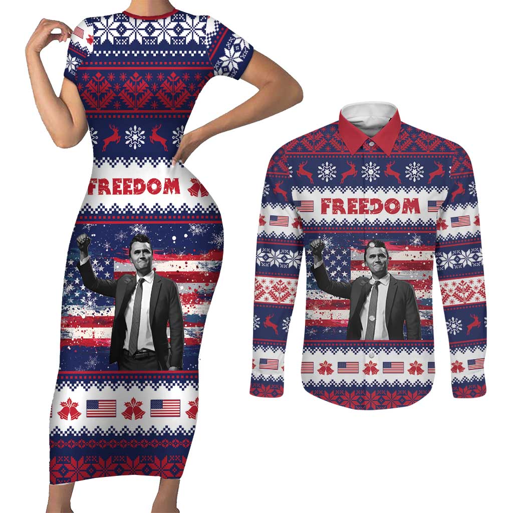 Freedom Charlie Kirk Tribute Christmas Couples Matching Short Sleeve Bodycon Dress and Long Sleeve Button Shirt American Flag - Wonder Print Shop