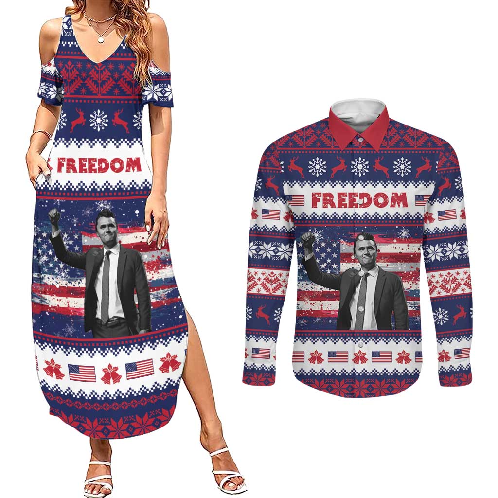 Freedom Charlie Kirk Tribute Christmas Couples Matching Summer Maxi Dress and Long Sleeve Button Shirt American Flag - Wonder Print Shop