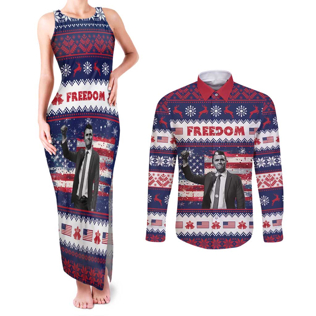 Freedom Charlie Kirk Tribute Christmas Couples Matching Tank Maxi Dress and Long Sleeve Button Shirt American Flag - Wonder Print Shop