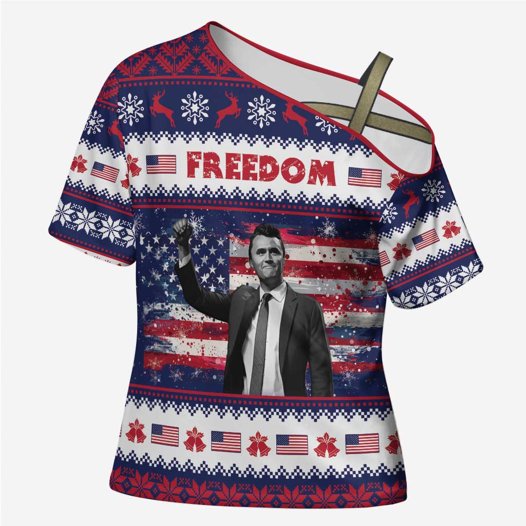 Freedom Charlie Kirk Tribute Christmas Cross Shoulder Shirt American Flag - Wonder Print Shop