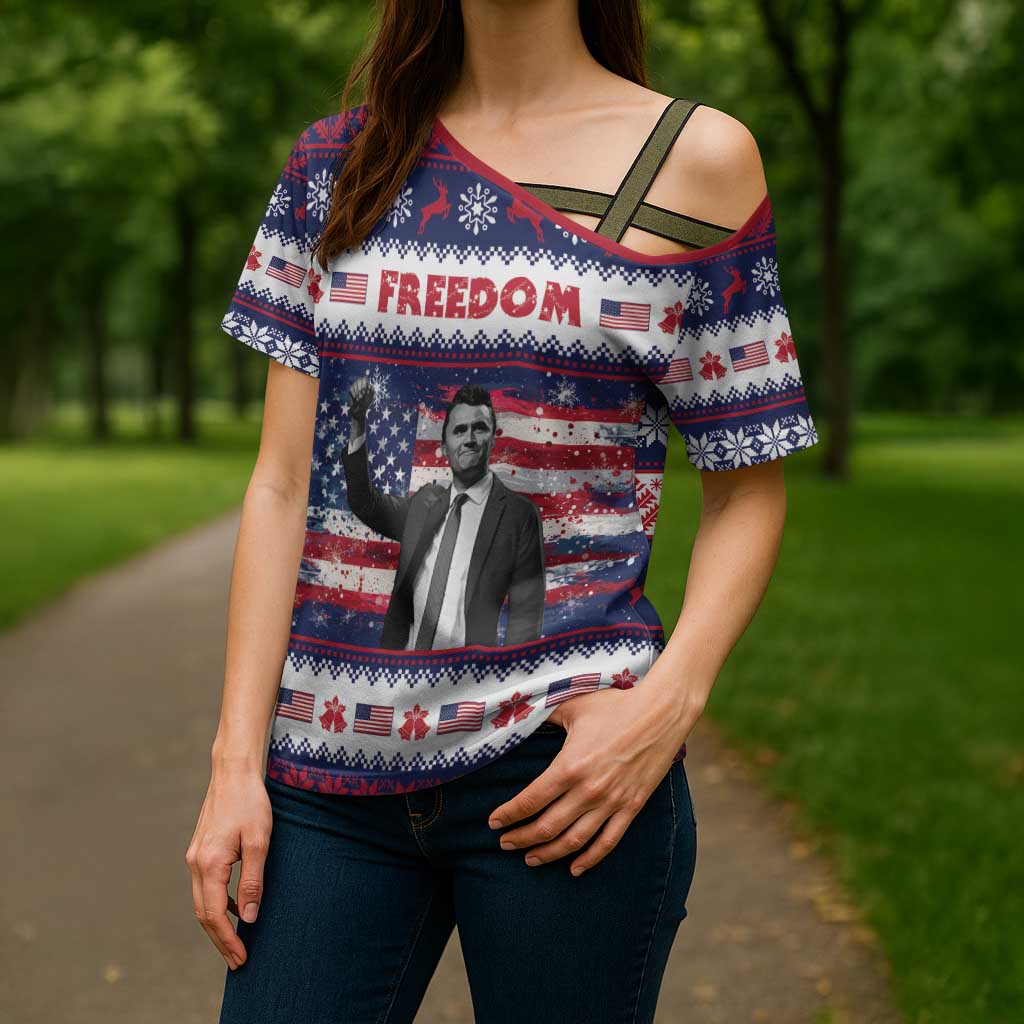 Freedom Charlie Kirk Tribute Christmas Cross Shoulder Shirt American Flag - Wonder Print Shop