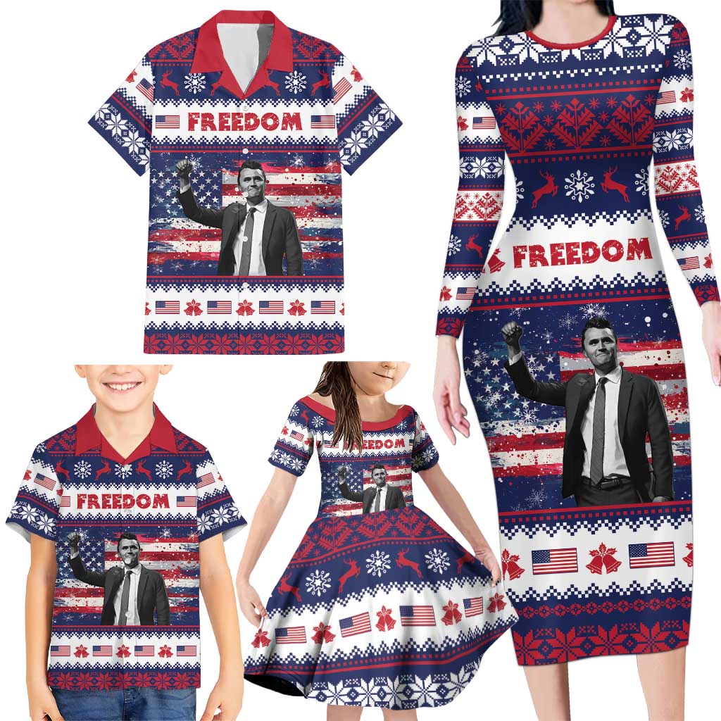 Freedom Charlie Kirk Tribute Christmas Family Matching Long Sleeve Bodycon Dress and Hawaiian Shirt American Flag - Wonder Print Shop