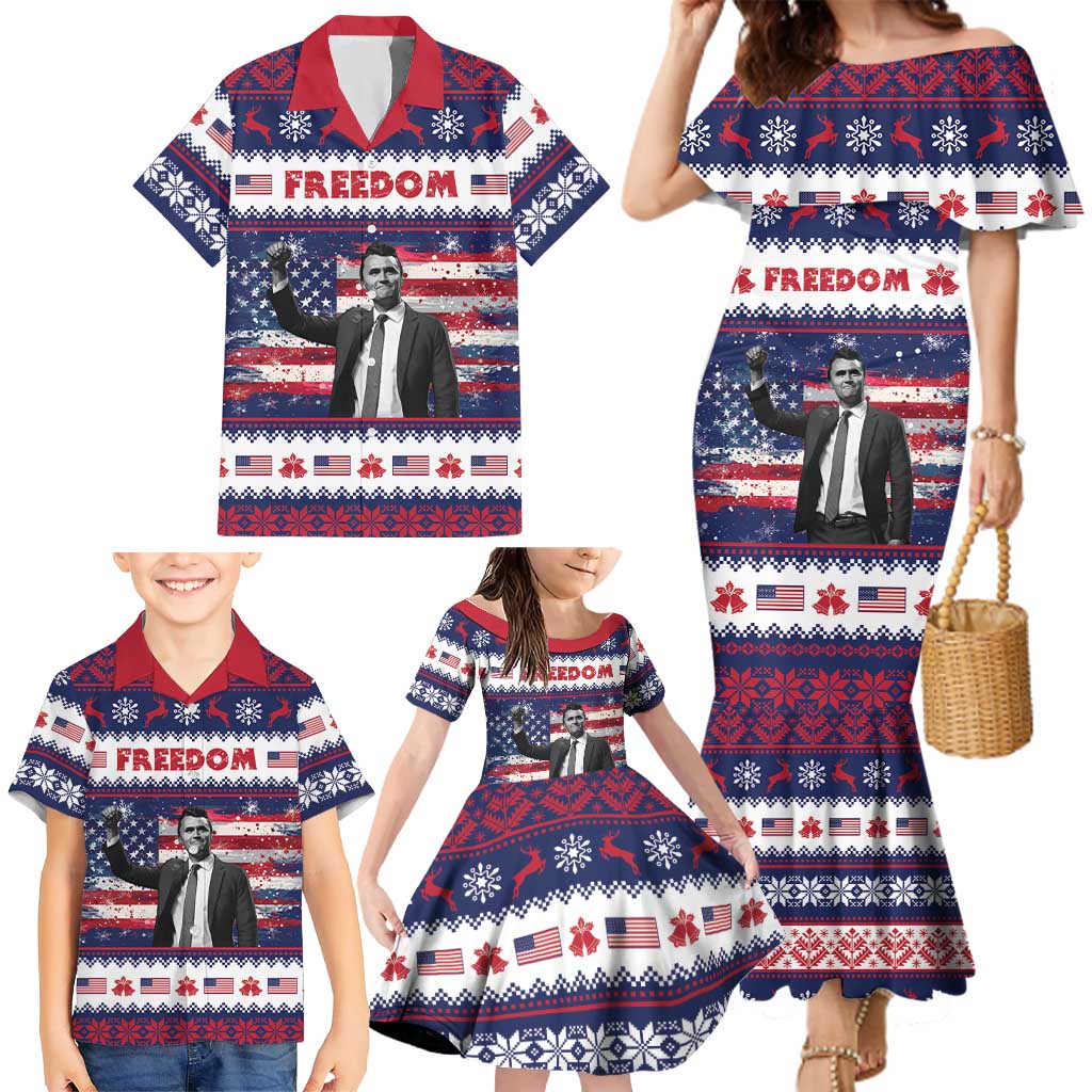 Freedom Charlie Kirk Tribute Christmas Family Matching Mermaid Dress and Hawaiian Shirt American Flag - Wonder Print Shop